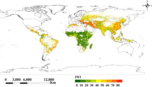 Figure 6. Global human settlements IWI distribution map for low- and middle-income countries in 2015.