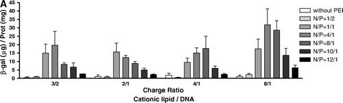 Figure 1.  Effect of cationic lipid/DNA (+/-) charge ratio, PEI/DNA ratio [nitrogen/phosphate (N/P)] (2.7 KDa PEI synthesized in the laboratory) of PEI-Tf-complexes on β-galactosidase (β-gal) gene expression in HeLa cells. PEI-Tf-complexes were obtained from DOTAP:Chol liposomes prepared by the hydration-extrusion method, as described in Materials and methods. The liposomes were complexed, at the indicated lipid/DNA charge ratios, with 1 µg of plasmid DNA, pre-condensed with 2.7 KDa PEI, at the indicated PEI/DNA in the presence of transferrin (32 µg/µg DNA). After 4 h incubation of PEI-Tf-complexes with HeLa cells in DMEM-HG containing 10% FBS, the medium was replaced with fresh medium also in the presence of 10% FBS. The cells were further incubated for 48 h and the levels of gene expression were evaluated as described in Materials and methods. The data are expressed as µg of β-gal per mg of total cell protein (mean±SEM obtained from triplicates) and are representative of, at least, three independent experiments.