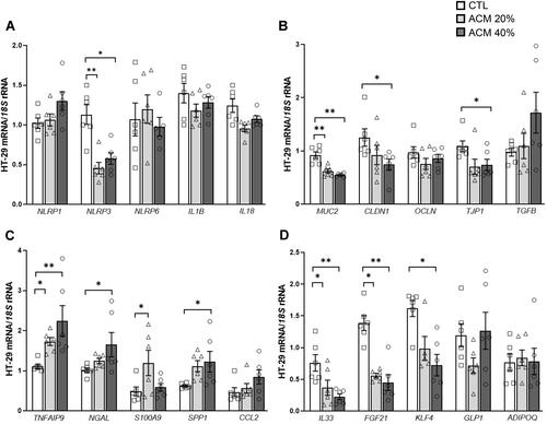 Figure 5 Effect of adipocyte-conditioned media (ACM) on the gene expression levels of the inflammasome as well as on intestinal integrity- and inflammation-associated markers in HT-29 cells. Bar graphs show the effect of ACM (20 and 40%) from obese subjects incubated for 24 h on the transcript levels of (A) inflammasome-, (B) intestinal integrity-, (C) inflammation- and (D) anti-inflammatory-associated genes in HT-29 cells. Values are the mean ± SEM (n=6 per group). Differences between groups were analyzed by one-way ANOVA followed by Tukey’s tests. *P<0.05 and **P<0.01. (n=6 per group).