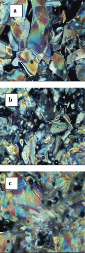 Figure 4 Crystal images before and after viscosity test. a) Image before test; b) Crystals from central part; c) Peripheral crystals.