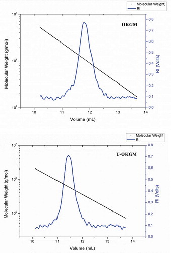 Figure 1. MW measurement of OKGM and U-OKGM by GPC-MALLS with the laser spectrum.Figura 1. Medición MW de OKGM y U-OKGM por medio de la GPC-MALLS con la frecuencia espectral de láser.