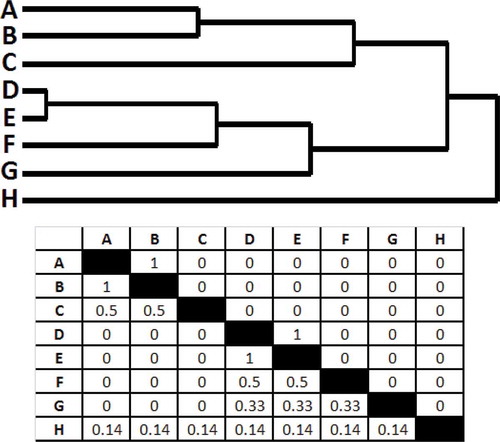 FIGURE 1. Example dendrogram and cluster association matrix. See the text for a more detailed explanation.