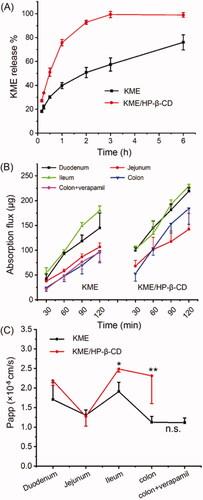 Figure 6. (A) In vitro release profiles of KME and KME/HP-β-CD using dialysis bag technique in PBS buffer (pH 6.8). (B) The regional intestinal absorption of KME and KME/HP-β-CD in everted gut sac model. (C) The Papp values of KME and KME/HP-β-CD across the different intestinal regions. Data are shown as mean ± SD (n = 3). *p < .05, **p < .01, compared to the same segment of KME group; n.s., no significant difference, colon compared to the colon + verapamil (100 μg/mL).