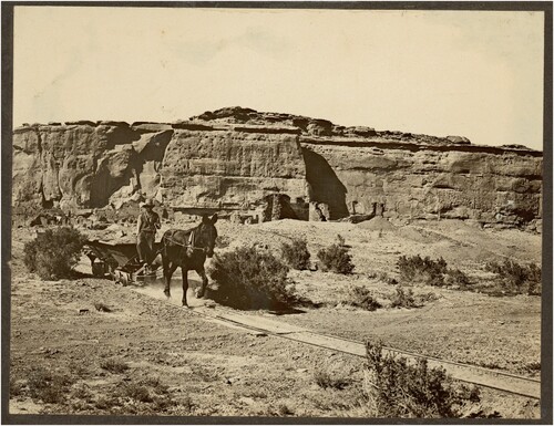 Figure 2. Mule-drawn carts used to carry backdirt from the great house excavations to Chaco Wash. Photo by Neil M. Judd, 1922. National Anthropological Archives, Smithsonian Institution, NGS 0477.