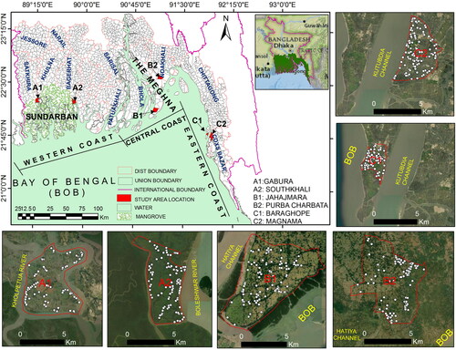 Figure 2. Map showing the location of the six study unions in the Bangladesh coastal area. Inset map at the topmost right is showing the location of the coast in the map of Bangladesh. Six other inset maps are showing the enlarged study unions with their surroundings. B1 and C1 are offshore islands; A1 is a riverine island. The three other unions are on the mainland. White points on each sub-map indicate the location of the surveyed households. Background images are displayed from ESRI base map of high-resolution satellite imageries.