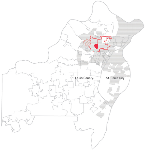 Figure 1. Map of the St. Louis region, with Kinloch in red and Berkeley and Ferguson outlined. The airport is in red hatch. The broader grey hatched area designates the food desert, defined as: low-income areas with low access to transit or a vehicle and more than ½ mile from the nearest supermarket (2018.)