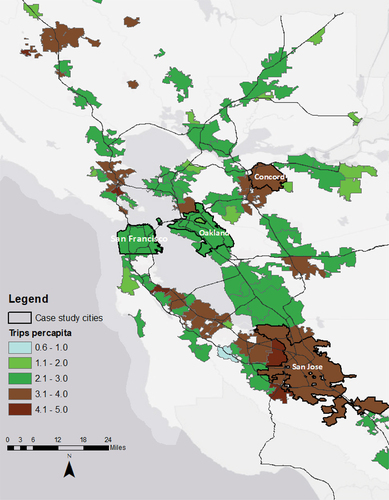 Figure 5. Bay area cities colored by per capita trips.