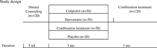 Figure 1.  Study design and different time points during the study. After a 5 week run-in period the patients were randomized to one of the four groups receiving the study medication. The main study period was 3 months. After that all the groups received the combination treatment (celiprolol + simvastatin) for another 3 months.