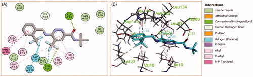 Figure 8. (A) 2D, and (B) 3D diagram for pyridazine 11h demonstrating its interactions within the CDK2 active site.