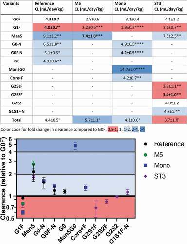 Figure 5. Clearance values of individual glycoforms separately determined for each of the four mAbs. Furthermore, an indication of fold change and statistical significance of the difference compared to G0F is given. For nomenclature compare Figure S1 and Table S1. *p > .043; **p > .01; ***p > .001; ****p > .0001; 1not tested