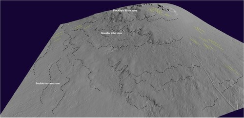 Figure 19. Annotated LiDAR extract (Environment Agency, UK) of the southern and western slopes of Great Mis Tor (view looking towards northeast), illustrating the spatial distribution of periglacial landforms and representative of a periglacial landsystem for Dartmoor. Black dashed lines are the fronts of lobes and terraces. Yellow lines are stone stripes.