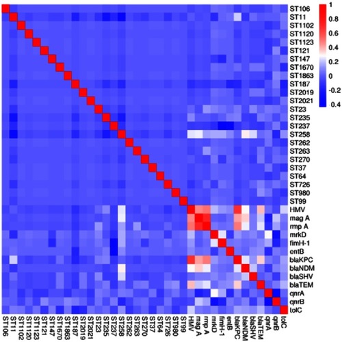 Figure 1 Pearson’s correlation analysis of the ST types, drug-resistance genes and virulence genes of the 189 K. pneumoniae isolates.