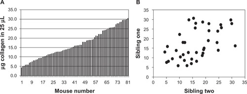 Figure 2 Inheritance analysis of soluble collagen levels in the lungs. Panel A: lung soluble collagen values from all animals. Panel B: regression analysis of soluble collagen levels for 39 sibling pairs of mice. The data show the tendency for the concentration of collagen that was extracted from the lungs to be coinherited, with a regression coefficient of 0.544.
