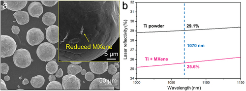 Figure 6. (a) SEM image of the thermal-reduced MXene/Ti composite powder, and (b) laser reflectivity of pristine Ti powder and the MXene/Ti composite powder.