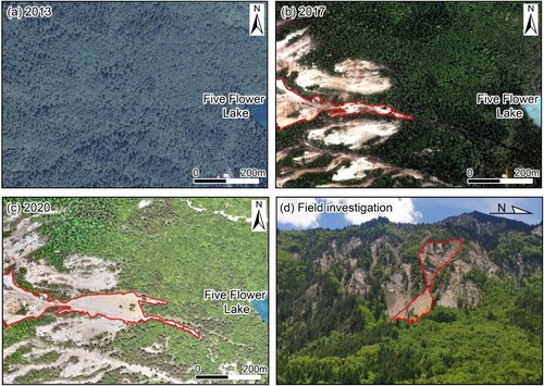 Figure 5. Remote sensing images and field photo around Five Flower Lake. (a) 2013, (b) 2017, (c) 2020, (d) Field photo.