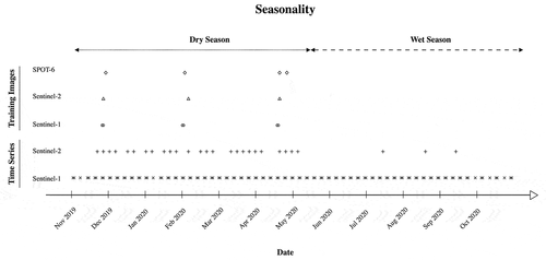 Figure 3. Temporal distribution of training images and image time series used in this analysis, throughout the wet and dry season in the study area
