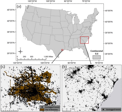 Figure 5. Research area for two flooding cases with their geotagged tweets; (a) Continental U.S; (b) South Carolina flood in 2015 with 934,896 geotagged tweets from October 2 to October 9; (c) Houston flood in 2017 with 501,516 geotagged tweets from August 25 to September 1.