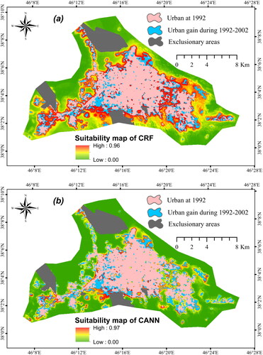 Figure 2. The suitability maps of (a) CRF and (b) CANN for Tabriz in 2012.