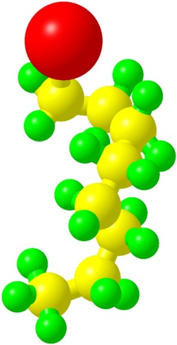 Figure 1 The structure of PFOB along with all atoms (red, bromine; yellow, carbon; green, fluorine).Abbreviation: PFOB, perfluorooctylbromide.