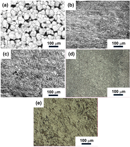 Figure 1. Optical micrographs of the base metal (a) and surface alloyed samples (b) DS1, (c) DS2, (d) DS3, and (e) DS4 showing the grain reduction and refinement.