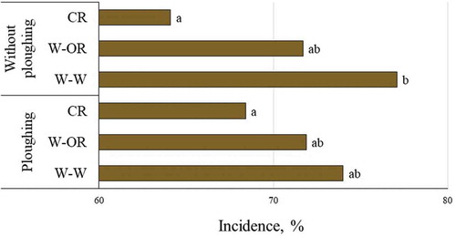 Fig. 2 (Colour online) Incidence of wheat stem base disease with regard to crop sequence and soil tillage conditions (2012–2017 average, with the exception of 2014). W-W, continuous wheat; OR-W, oilseed rape, wheat, wheat; CR, oilseed rape, barley, faba beans and wheat. Different letters denote statistical differences at α = 0.05.