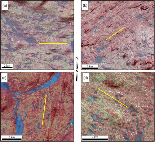 Figure 7. Transitional and palimspsest subglacial landform relationships have been observed in many areas across Newfoundland; (a) illustrates a simple transition from ribbed moraine terrain (left) to streamlined terrain (right) (Box 7a in Figure 1). (b) Complex bedform patterns have been recorded, with this example showing a palimpsest landscape with overprinting of glacial lineations by ribbed moraine (top of image), while to the bottom right, a group of crag and tails are observed (Box 7b in Figure 1). (c) Two crag and tails are observed on the right of the image and adjacent to these is a field of hummocky ribbed moraine (Box 7c in Figure 1). (d) Illustrates transition of ribbed moraine to drumlinised ribbed moraine to streamlined terrain dominated by glacial lineations (Box 7d in Figure 1). (Yellow arrows indicate flow direction). All images are displayed as SRTM shaded relief which have been overlaid with pan-sharpened SPOT imagery.