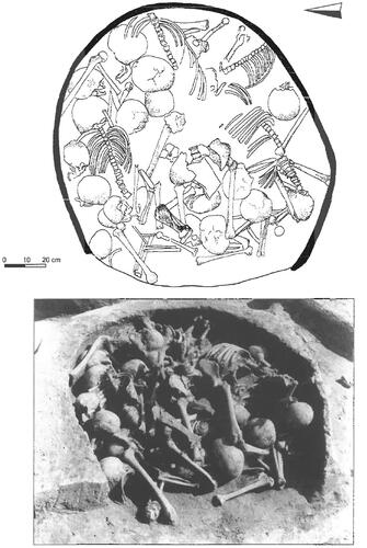Fig 6 Kiln XXVIIb/1 from the late Roman-period fort at Keszthely-Fenékpuszta, reused as a 5th-century mass grave and containing remains from at least 27 individuals. Drawing and photo after Straub Citation2002, abb 8.