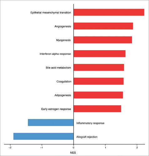 Figure 3. Hallmark molecular functions enriched in endothelial cells upon Salmonella infection. The bars plot shows the statistically significant GSEA Hallmark gene sets (FDR<0.05) that were found enriched in correlation (red bars) or inverse correlation (blue bars) with infected phenotype. The genes were ranked using the Signal2Noise metric (available in GSEA) by taking as reference the treated samples. Gene sets with a FDR lower than 0.05 have been considered statistically significant. The bars were ordered by normalized enrichment score (NES) that indicates the strength of the enrichment.