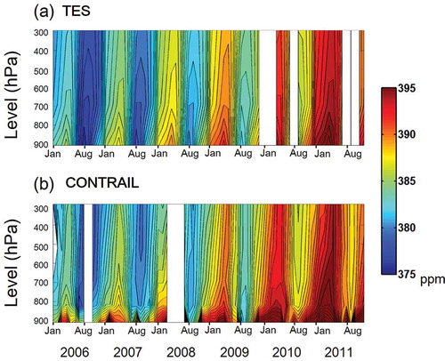 Figure 10. CO2 monthly vertical variation around southeastern Japan from 2006 to 2011. (a) TES CO2 yearly variation. (b) CONTRAIL CO2 yearly variation.