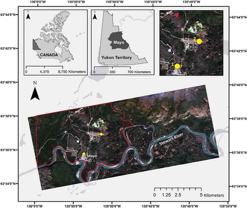 Figure 1. True colour composite (bands 4, 3, and 2) of Sentinel-2 imagery, acquired on 6 October 2016, representing the geographic location of the study area. Note that the yellow points are the locations of field investigations in the summer of 2010 by the Northern Climate Exchange (Citation2011). Points 1 and 2 are located at the J. V. Clark School and the Mayo Airport, respectively. The red star represents the location of the InSAR reference point and the red polygon shows the extent of the surficial geology map (Kennedy Citation2011).