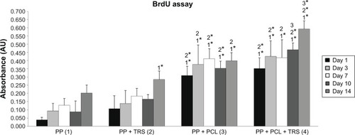 Figure 7 Proliferation of 3T3 fibroblasts cultivated on the surface of (1) polypropylene (PP) mesh, (2) PP mesh treated with thrombocyte-rich solution (TRS), (3) PP mesh functionalized with poly-ε-caprolactone (PCL) nanofibers, and (4) PP mesh functionalized with PCL nanofibers treated with TRS. A 5-bromo-2′-deoxyuridine (BrdU) colorimetric immunoassay revealed significantly greater proliferation of 3T3 fibroblasts on scaffolds functionalized with PCL nanofibers (PP + PCL and PP + PCL + TRS) on all days of evaluation than on scaffolds without functionalization (PP and PP + TRS). In addition, the proliferation of 3T3 fibroblasts on Day 14 was significantly higher (P<0.001) on the PP mesh functionalized with PCL nanofibers treated with TRS than on all other scaffolds.Notes: The level of statistical significance for the assays is designated above the mean values (P<0.05 indicated by a number, P<0.001 indicated by a number and *). Day 1: 3>1*, 2*; 4>1*, 2*. Day 3: 3>1*, 2; 4>1*, 2*. Day 7: 3>1*, 2*; 4>1*, 2. Day 10: 3>1*, 2*; 4>1*, 2*, 3. Day 14: 2>1*; 3>1*, 2; 4>1*, 2*, 3*.Abbreviation: AU, absorbance units.