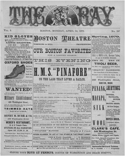 Figure 10. Program from the first performance of the troupe that would become the Boston Ideal Opera Company, in H. M. S. Pinafore, 14 April 1879, at the Boston Theatre. Playbills and Programs, U. S. Theaters, Boston. Harry Ransom Humanities Research Center, University of Texas at Austin.