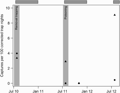 Figure 2 Timeline and capture rates of kiore (Rattus exulans) at two plots (T1—129 traps, ▴; T2—155 traps, ●) on Ririwha (Stephenson Island, Mahinepua), northeastern New Zealand. Rates are expressed as captures per 100 corrected trap nights (C/100 CTN) and are shown for the initial 41-night removal programme and for subsequent three-night index trapping. Widespread poisoning of rats also took place in June and July 2011(light grey shading). Grey-faced petrel (Pterodroma gouldi) nesting periods are indicated by darker grey horizontal bars. Note: no rats were captured at either site during the October 2010 index trapping.