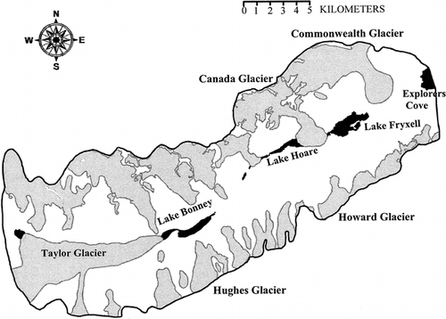 FIGURE 1. Map of locations of sampled glaciers within Taylor Valley