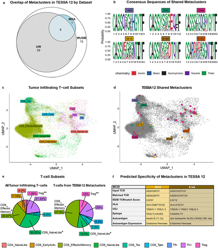 Figure 5. T-cell identity and TCR specificity in metaclusters of interest. (a) Euler plot depicting overlap of TESSA 12 metaclusters between patient cohorts. (b) consensus amino acid sequence of metaclusters shared by WashU tissue, UW tissue and MDA. (c,d) Inference of T-cell identities in MDA dataset based on mapping of scRNA-seq transcriptomes to a reference dataset (c) with T-cells bearing TCRs from TESSA 12 metaclusters highlighted (d). (e) Comparison of T-cell subset frequencies in all tumor-infiltrating T-cells (left, n = 7 patients) and T-cells from TESSA 12 metaclusters (right). (f) predicted specificity of two of the six shared metaclusters from (a) determined with TCRmatch and the IEDB database with a significance cutoff of 0.97.