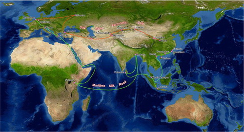 Figure 1. A sketch map of the Digital Belt and Road program overlaid with the two-major land and maritime silk roads.