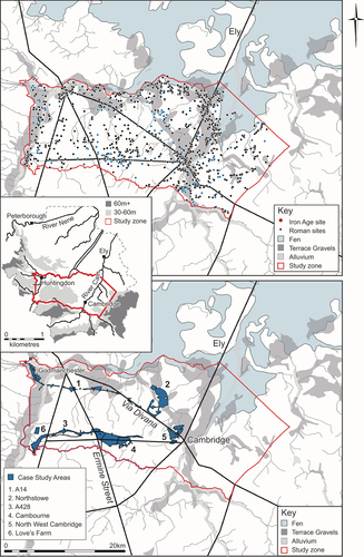 Figure 3. Cambridge study area (middle left) with Cambs HER site density (top) & large-scale trenching and excavation projects (bottom) (Wiseman).