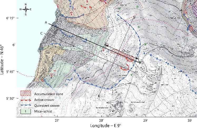 Figure 5. Layout of the Mount Letè (Invernizzi & Lambrugo Citation2005) with the selected cross-sections.