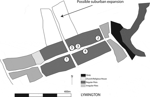 Illus. 4 Plan of Lymington. 1: 52 High Street (no evidence after thirteenth century); 2: 126 High Street (hiatus from fourteenth–seventeenth centuries); 3: 102–3 High Street (late medieval pits cut thirteenth-century demolition layers); 4: 26-27 High Street (dated by dendrochronology to 1468–1503); 5: 100-101 High Street (fifteenth–sixteenth century). Redrawn and simplified from Hampshire County Council undated.