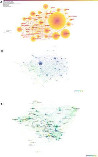 Figure 3 Network of the co-authors’ countries obtained with CiteSpace (A), and Network of the co-authors’ countries (B) and co-authors’ institutions (C) for laser in ophthalmology from 1990 to 2022 obtained with VOSviewer.