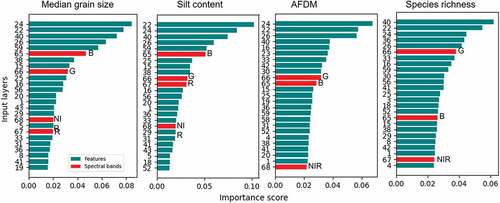 Figure 10. Feature importance scores for all variables for Pinkegat and Zoutkamperlaag in 2018 (top 18). X axis represents the importance score, Y axis represents the input layers including features (1–64) and spectral bands (65-B, 66-G, 67-R, 68-NIR).
