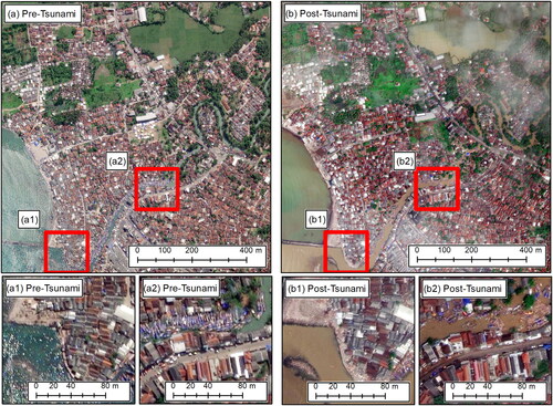 Figure 10. The fusion of the Sentinel-2A and Worldview-2 imagery: (a) Before the tsunami; (b) After the tsunami.