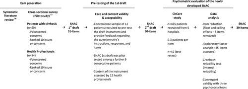 Figure 1 Overview of the stages of development of the Supportive Needs Assessment tool for Cirrhosis (SNAC).