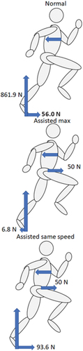 Figure 1. Free body diagram with the average effective anteroposterior net mean force, effective vertical mean force, and the pulling mean force during maximum speed in control (normal) and assisted trials, and during matched (same) speed in the assisted trials. Units in newtons (N).