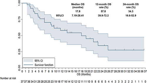 Figure 5 Overall survival curve of the 37 patients with unresectable advanced hepatocellular carcinoma who received lenvatinib plus PD-1 blockades administration.