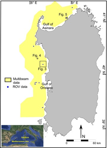 Figure 1. Map of Sardinia showing the acquisition area of multibeam echosounder data, the positions where video images were recorded by using a Remote Operating Vehicle (ROV). ROV transect length is 0.2-1.2 km. The positions of the seabed areas shown in Figures 3, 4 and 5 are also shown.