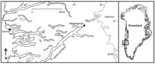 FIGURE 1. Map of study area in South-West Greenland showing three study locations: ice sheet margin, inland (close to Kangerlussuaq), and coast (close to Sisimiut) shaded by gray rectangles.