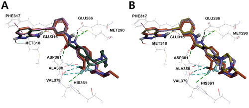 Figure 6. Superposed model of inhibitors inside BCR-ABLT315I Kinase. (A) 5 (orange), 4a (pink), and 4b (green), (B) 5, I (lavender), and II (yellow).