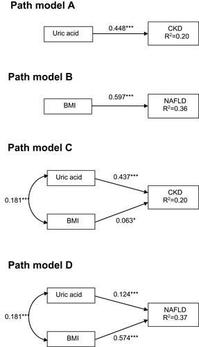 Figure 2 Path models (A–D). The paths are displayed with coefficients that indicate the standardized coefficient of the regressing independent variable on the dependent variable of the relevant path (path model (A), uric acid to chronic kidney disease (CKD) risk status; path model (B), body mass index (BMI) to nonalcoholic fatty liver disease (NAFLD); path model (C), uric acid and/or BMI to CKD risk status; path model (D), uric acid and/or BMI to NAFLD). *P<0.05 and ***P<0.001.Abbreviations: CKD, chronic kidney disease; NAFLD, nonalcoholic fatty liver disease; BMI, body mass index; R2, squared multiple correlation.