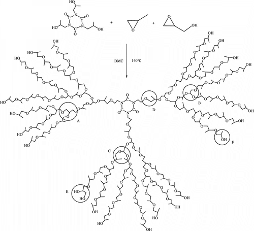 Figure 3 Synthesis of hyperbranched polyether polyols. Possible repeating units (A–F) in the hyperbranched polyethers are marked.